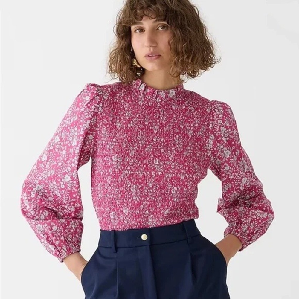 J.Crew Women's Smocked Top Liberty Summer Blooms Hot Pink White Flowers Cotton M